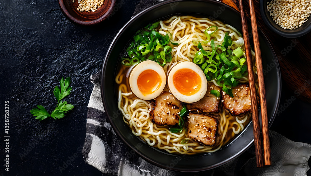 A delicious bowl of ramen noodles with soft boiled eggs, pork, and green onions. Food background, Top view. A delicious bowl of ramen noodles with soft boiled eggs, pork, and green onions. Food background, Top view.