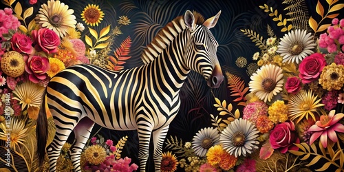 Wallpaper Mural Striking Zebra Portrait Immersed in a Luxurious Tapestry of Vivid Flowers and Golden Foliage Torontodigital.ca