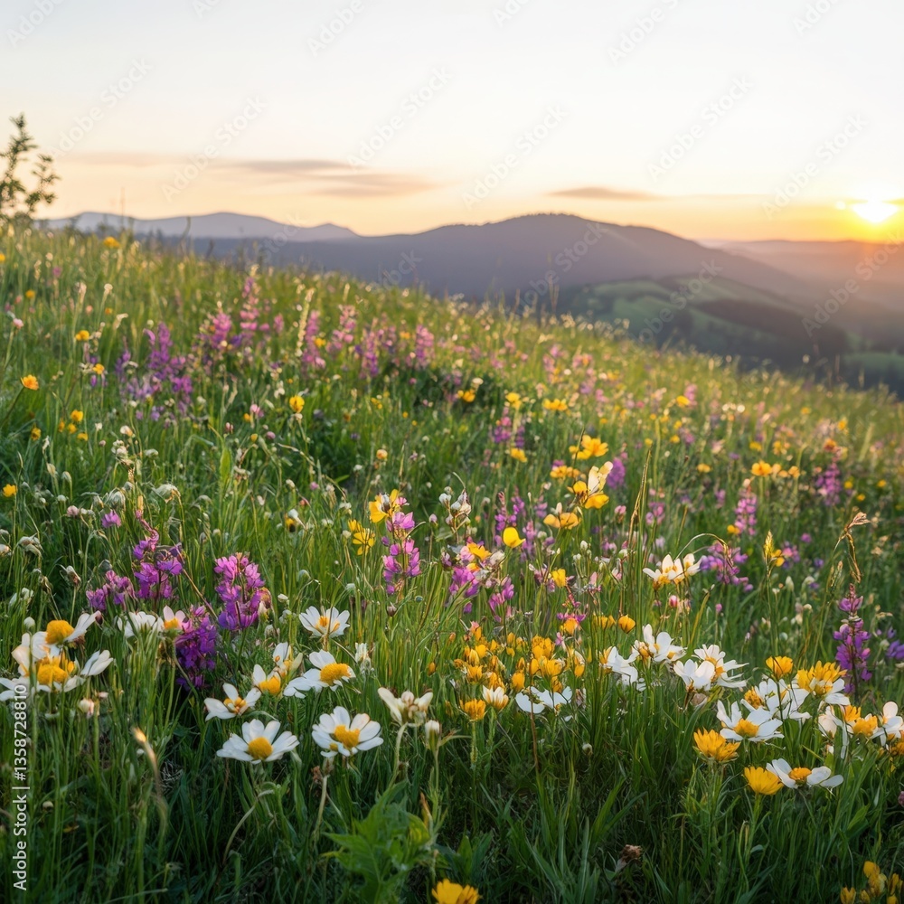 Obraz premium Vibrant Spring Meadow with Wildflowers at Sunset Illuminating Rolling Hills and a Peaceful Landscape in a Serene Natural Environment