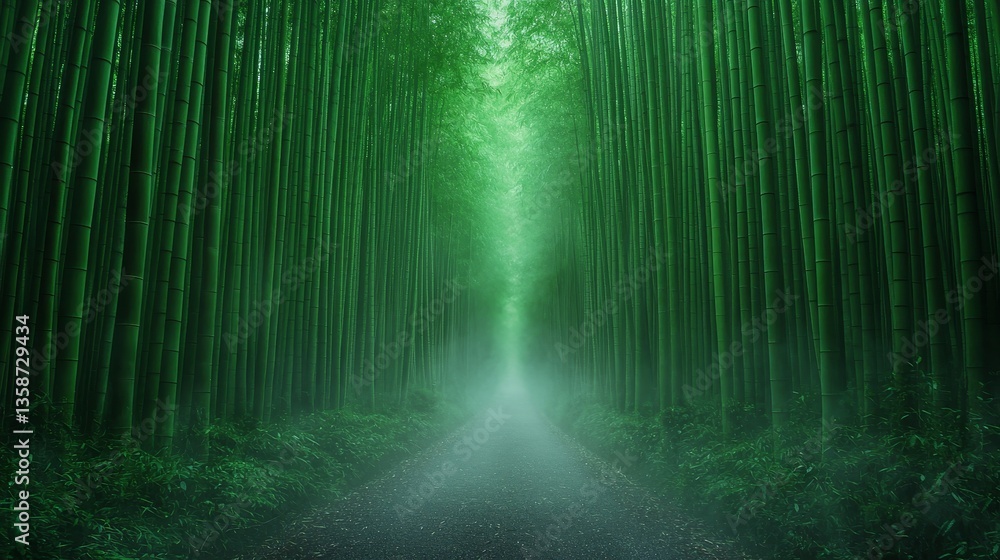 Fototapeta premium Lush Green Bamboo Grove Path With Soft Light