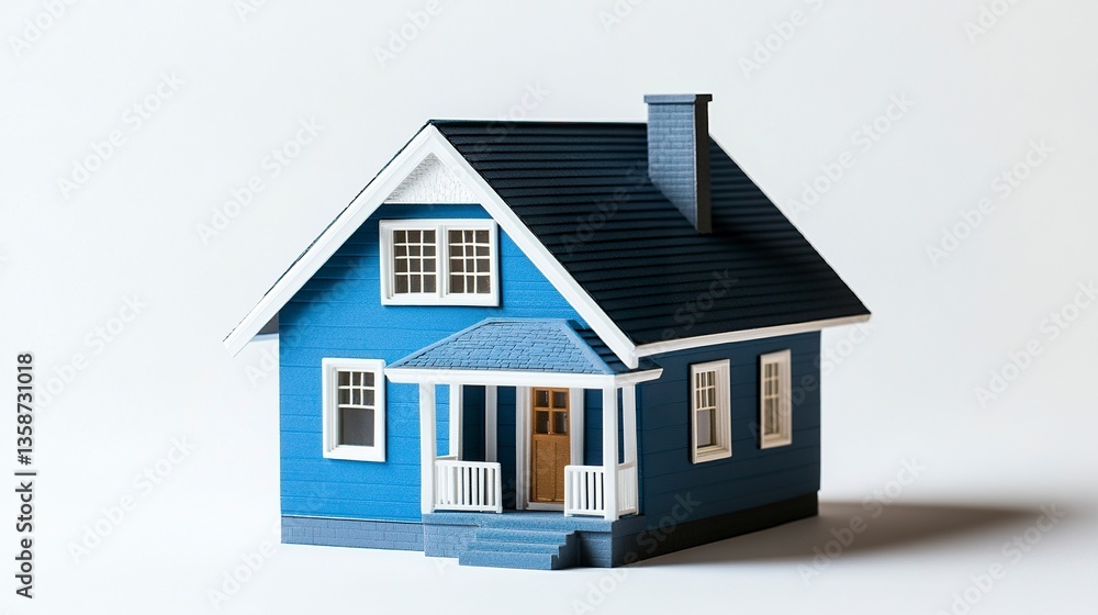 Tiny blue house model with simple architectural details white accents clean and sleek real estate visualization isolated on white background Tiny blue house model with simple architectural details white accents clean and sleek real estate visualization isolated on white background