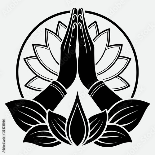 Namaste gesture with lotus flower design.