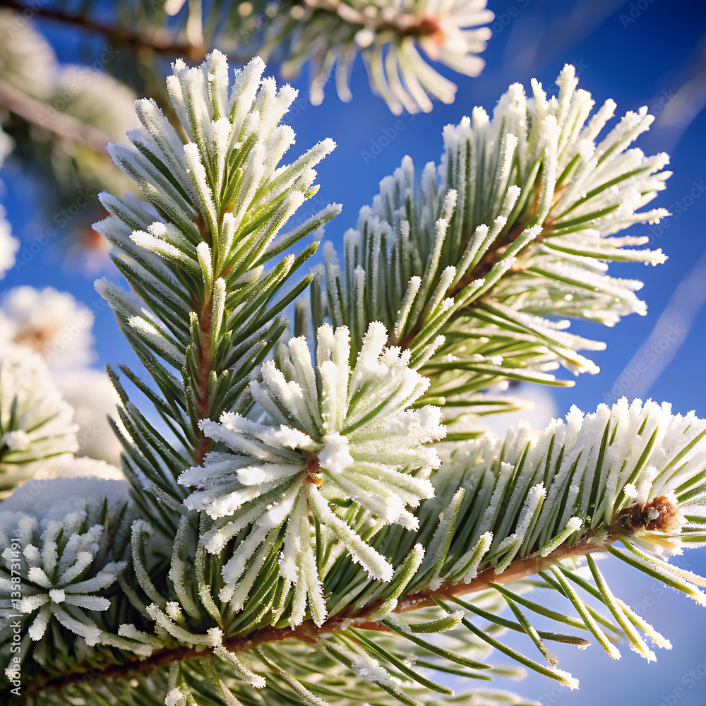 Fototapeta premium Capturing Frosted Evergreen Branches A Study in Winter Elegance
