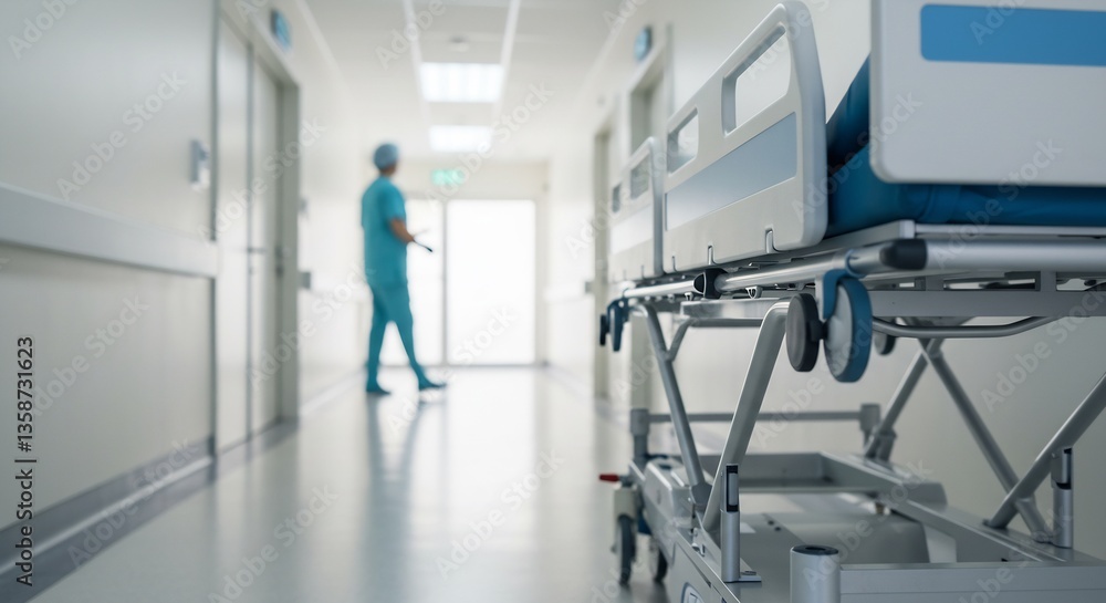 Fototapeta premium Empty Hospital Corridor with Medical Equipment and Blurred Figure of a Healthcare Professional in the Background