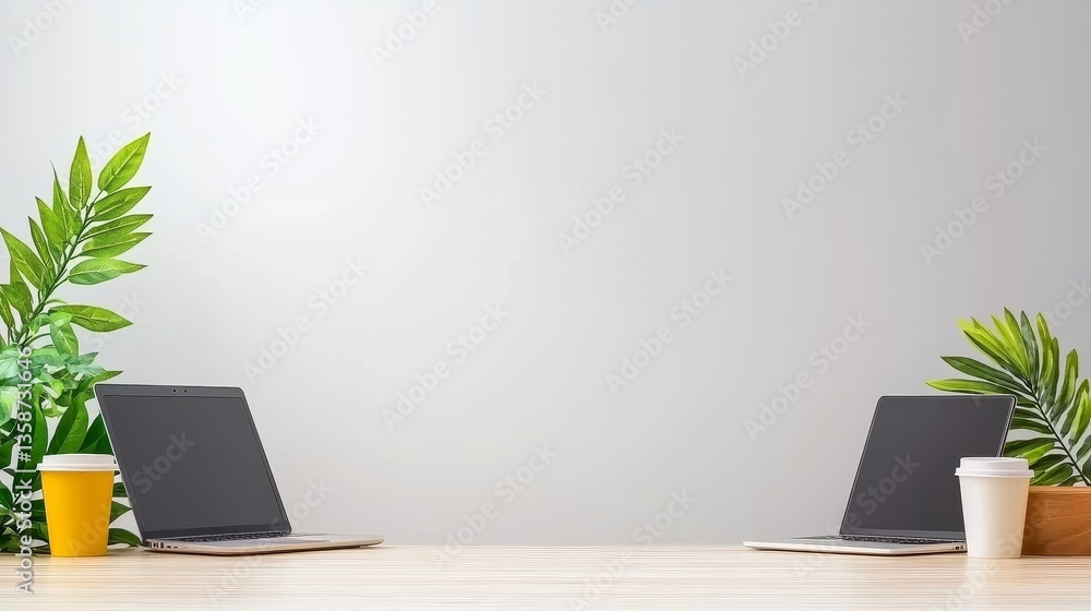 Fototapeta premium Modern Minimalist Office Workspace With Two Computers And Greenery