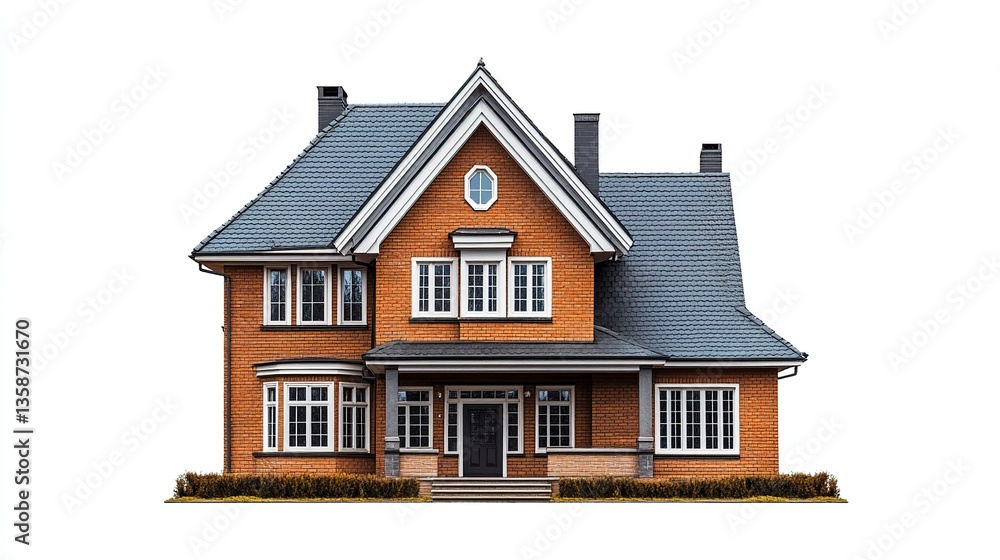 Traditional brick house with warm tones symmetrical layout detailed gables and dormer windows clean and isolated on white backdrop Traditional brick house with warm tones symmetrical layout detailed gables and dormer windows clean and isolated on white backdrop