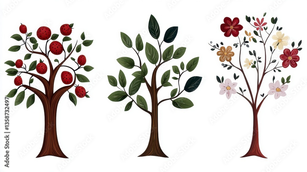 Obraz premium Three Pixel Art Trees Depicting Seasons Apples, Leaves, Blossoms