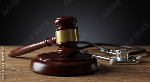 Gavel and Stethoscope on Wooden Surface: Medical Malpractice Law Concept