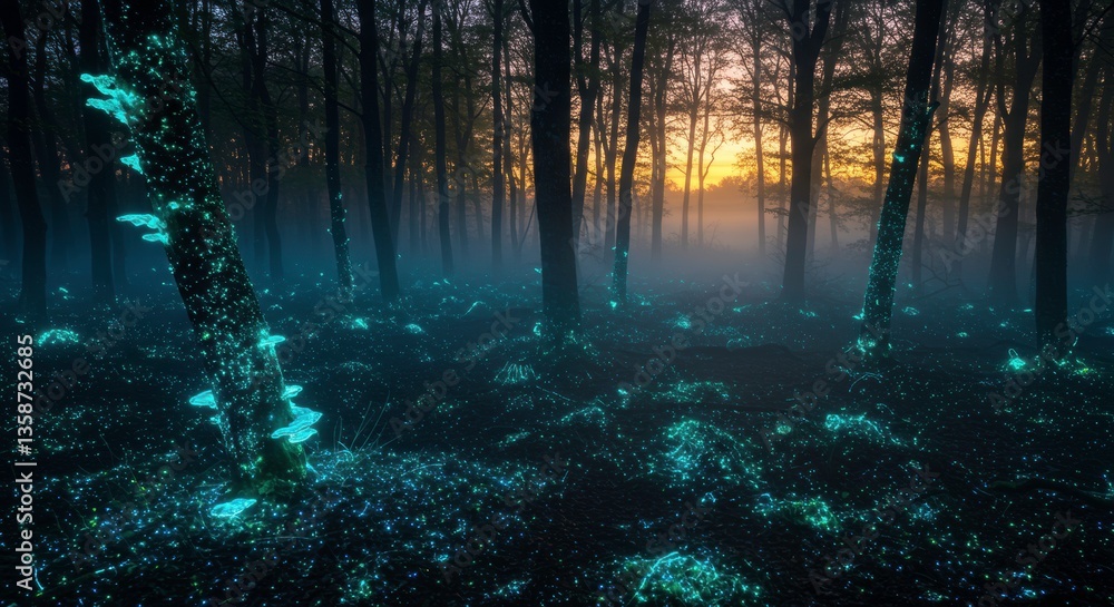 Fototapeta premium Enchanting Glowing Forest at Dawn Magical Bioluminescent Mushrooms and Trees