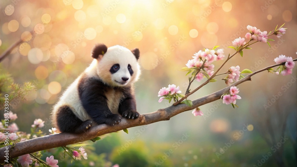 Naklejka premium Adorable Baby Panda Cub Perched on a Branch Amidst Delicate Pink Blossoms in a Serene Natural Setting
