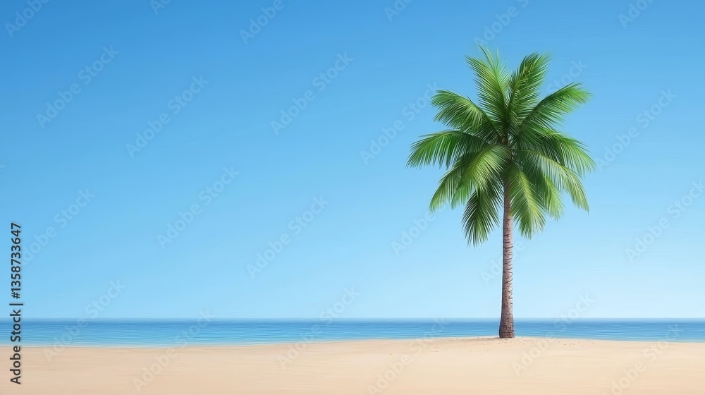 Fototapeta premium Palm Tree On Sandy Beach Under A Blue Sky