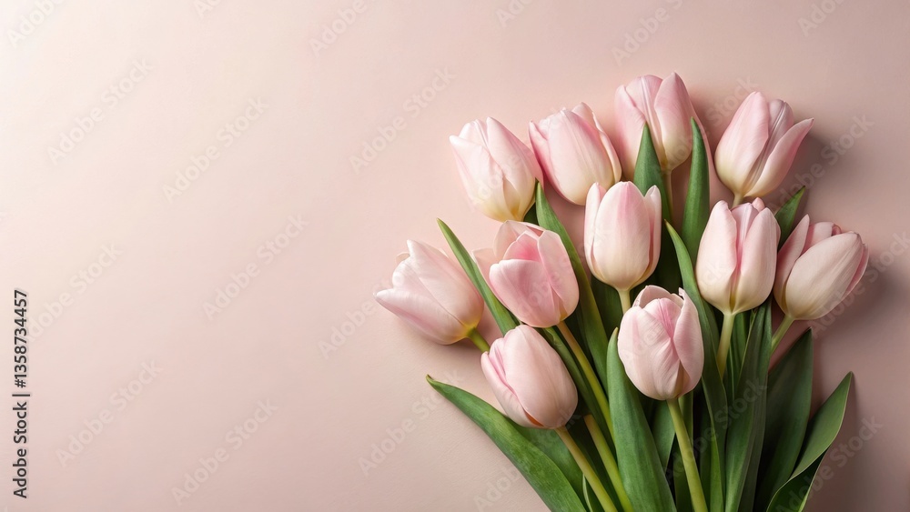 Fototapeta premium A Delicate Bouquet of Pale Pink Tulips Arranged on a Soft Blush Background