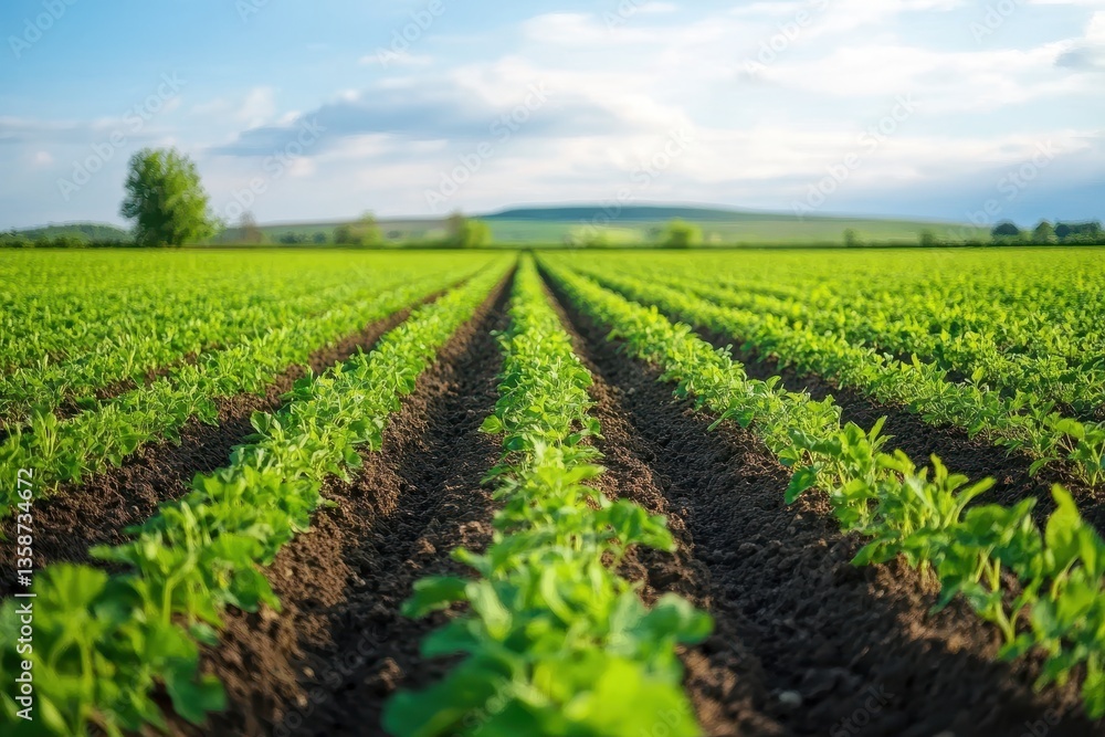 Rows of young green crops stretch into the distance, under a bright, cloudy sky. Ideal for agriculture, farming, or nature-related themes. Rows of young green crops stretch into the distance, under a bright, cloudy sky. Ideal for agriculture, farming, or nature-related themes.