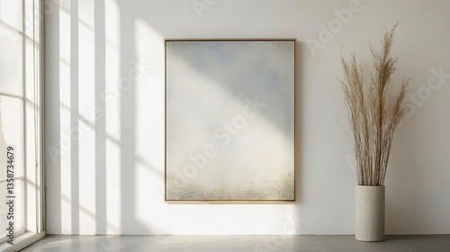 Wooden artwork frame centered on a white wall soft natural light dry flower decor nearby minimal aesthetic bright highlights. 