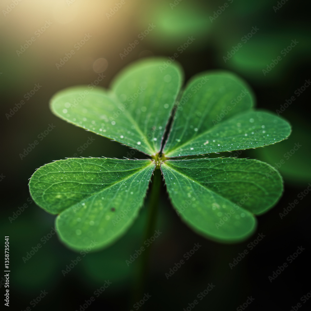 Fototapeta premium A four-leaf clover sparkles with dew, a symbol of luck and Irish heritage.