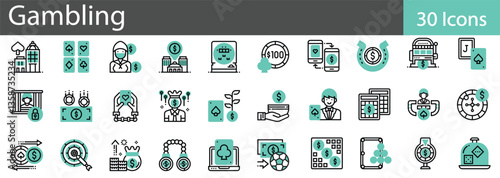 Gambling Line Icons Set. Collection of 30 outline icons representing casino games, betting, and luck-based entertainment. Editable stroke vector illustration.