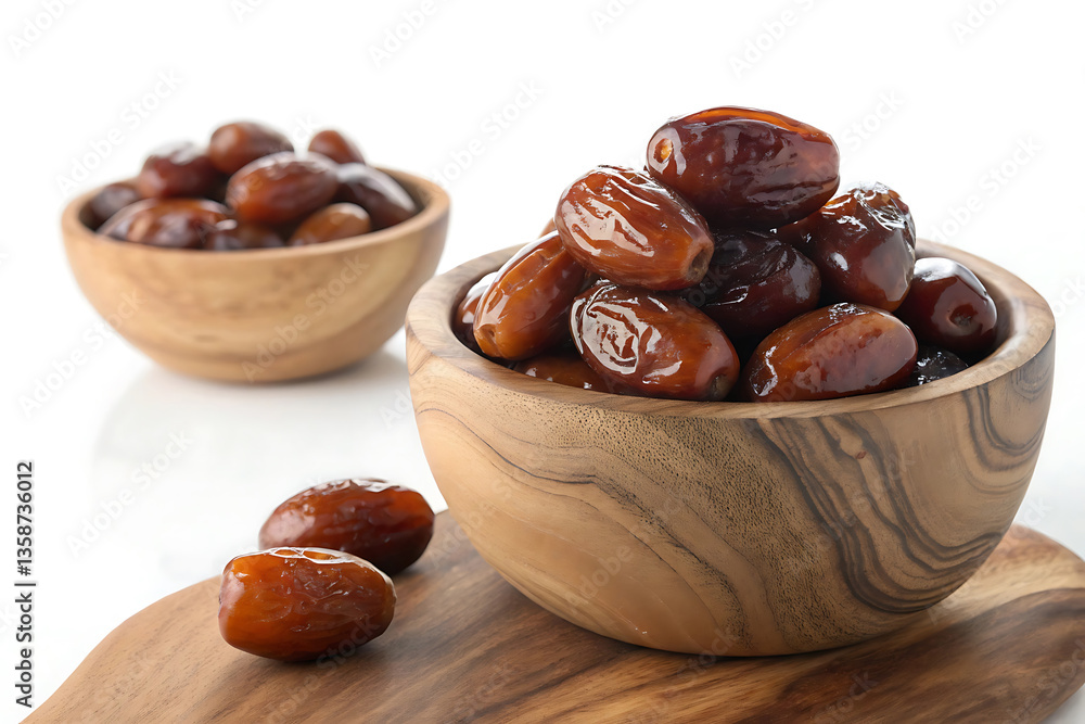 Fototapeta premium Rustic Wooden Bowl with Glossy Dates – Natural Sweetness and Warmth in Still Life