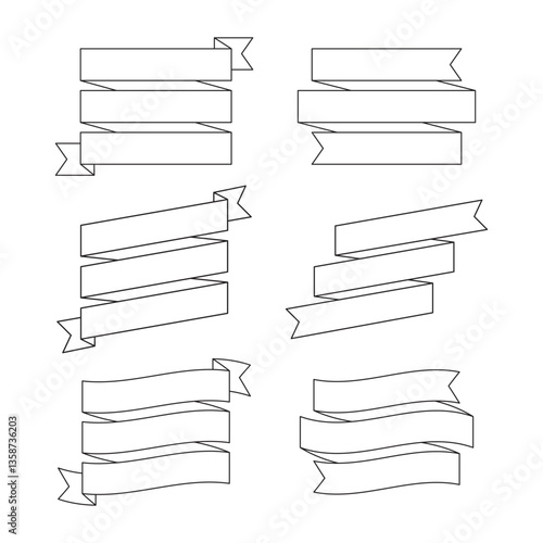Set of Three Layered Black Outline Ribbon Banners and Labels - Flat Design Illustration	