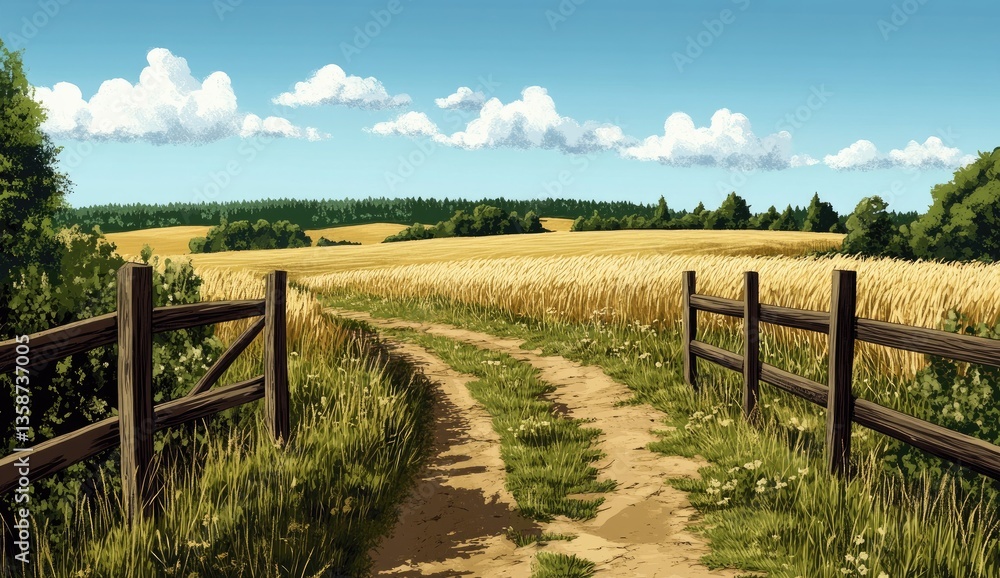 Sunny rural path through golden wheat field