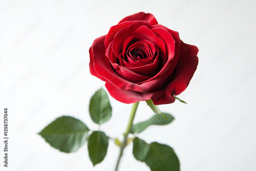 A single, perfect red rose, a timeless symbol of love and passion, elegantly presented against a soft white backdrop. A single, perfect red rose, a timeless symbol of love and passion, elegantly presented against a soft white backdrop.
