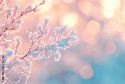 Frost-covered branches glisten in the soft, pastel light of a winter sunrise.