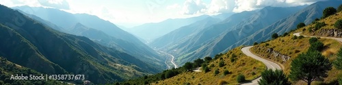 Sweeping mountainous landscape with winding roads leading to Villavicencio, Meta,  adventure,  transportation
