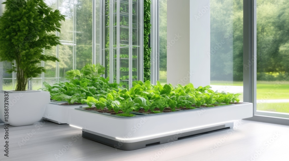 Fototapeta premium Modern indoor vertical garden system in a bright, spacious room with large windows overlooking a lush outdoor garden. 