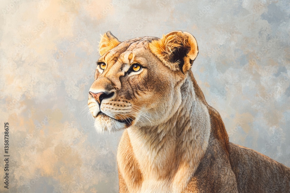 Obraz premium A majestic lioness, painted with detail, gazes intently into the distance, her golden fur catching the light.