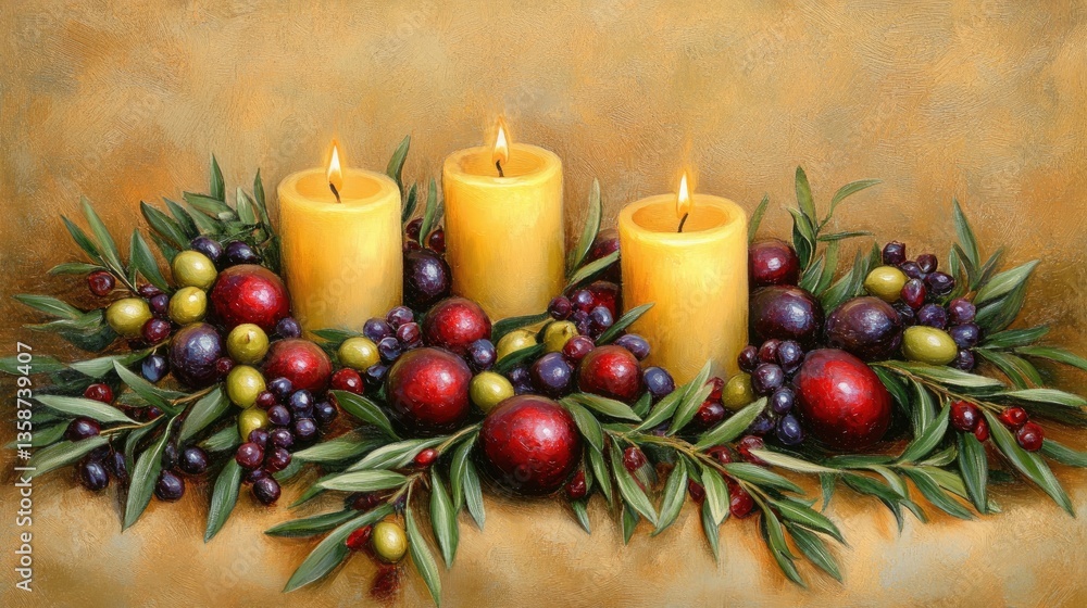 Illuminated Still Life: A Festive Arrangement of Candles, Olives, and Plums Illuminated Still Life: A Festive Arrangement of Candles, Olives, and Plums
