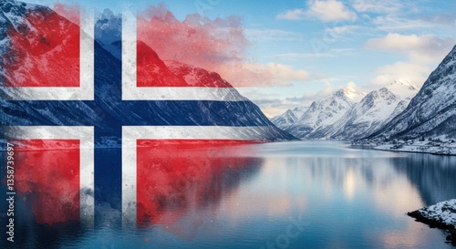 Norwegian fjord landscape with flag overlay and snow-capped mountains in winter
