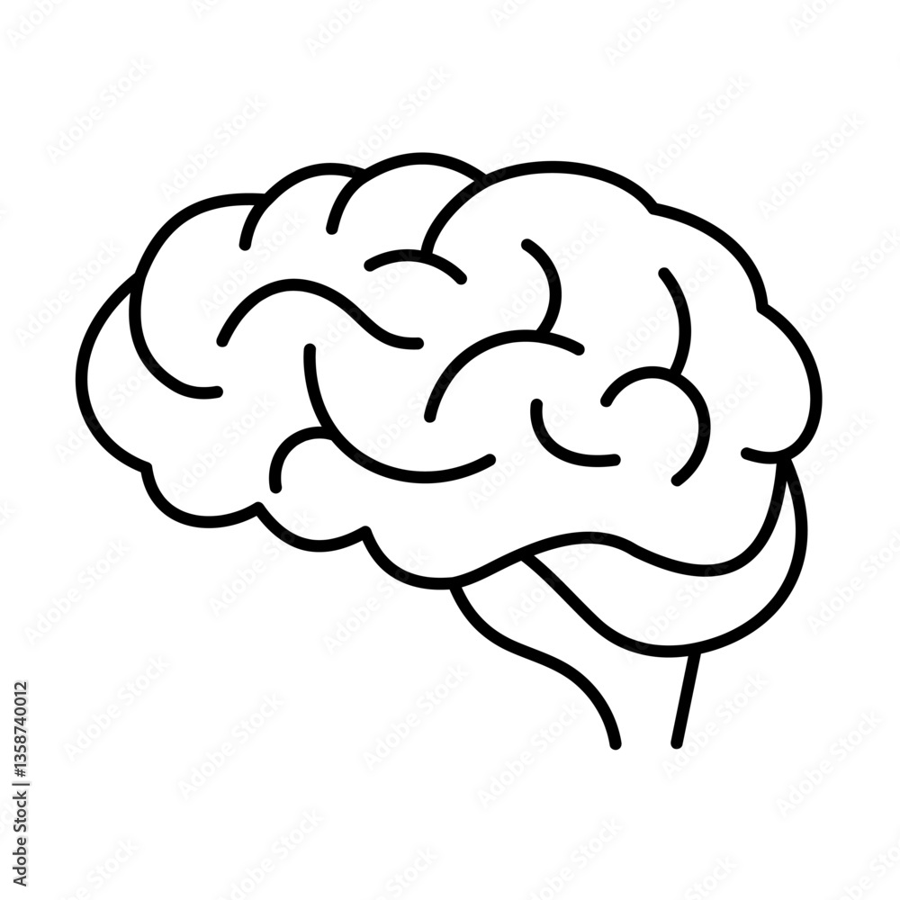 Brain Icon. Outline of a Brain on a White Background Emphasizing Cognitive Functions and Mental Processes