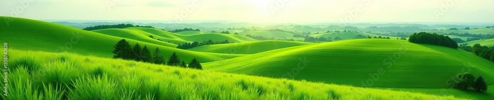 Rolling hills and lush green fields of a picturesque farm landscape,  grazing,  beauty