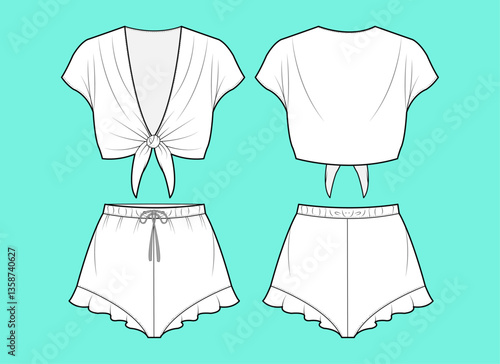 Knot details ladies crop black and white tops with frill details shorts flat sketch outline CAD mockup template.