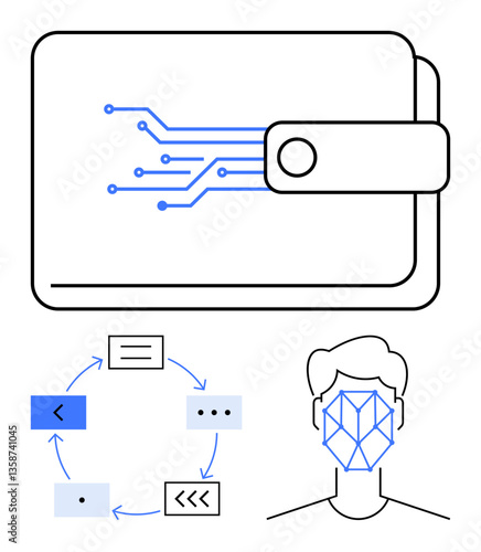 Wallet with circuit design, face recognition grid, arrows forming process loop with icons. Ideal for finance, security, AI, blockchain, digital identity authentication technology. Flat simple