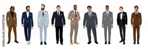Set of elegant businessmen wearing formal outfit - suit or tuxedo. Collection of handsome male characters different races, body types. Vector flat realistic illustration isolated 