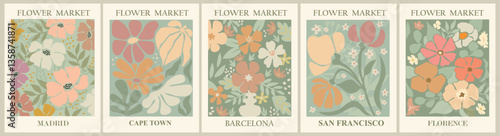 Set of abstract flower posters. Trendy botanical wall arts with floral design in danish pastel colors. Modern naive groovy funky interior decorations, paintings. Vector art illustration.