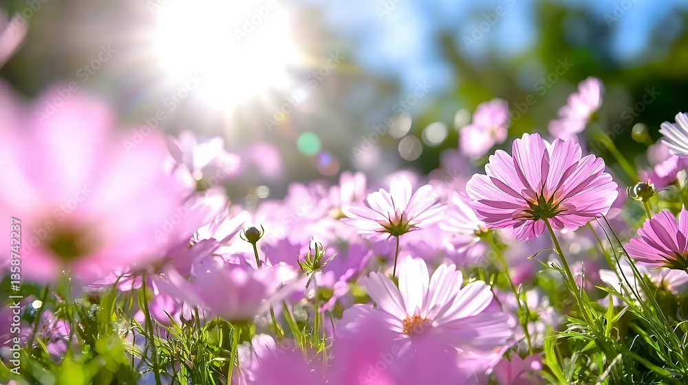 Field of Pink Cosmos Flowers Blooming Under Bright Sunlight for a Peaceful Day Field of Pink Cosmos Flowers Blooming Under Bright Sunlight for a Peaceful Day