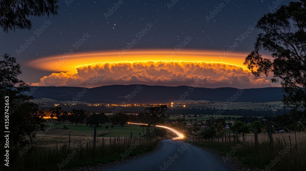 Naklejka premium Night Sky Cloud Circle Over Country Road