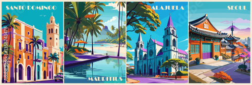 Set of Travel Destination Posters in retro style. Santo Domingo, Alajuela, Mauritius, Seoul digital prints. Exotic summer vacation, holidays concept. Vintage vector colorful illustrations