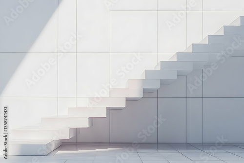 White stairs ascend a white tiled wall with sunlit shadows