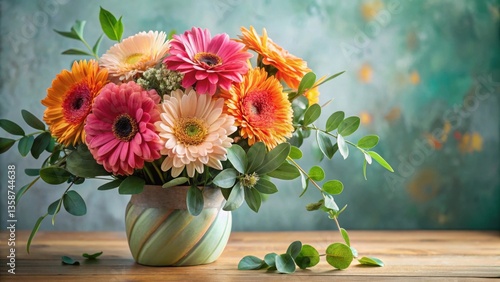 Wallpaper Mural A vibrant bouquet of gerbera daisies in a decorative vase, showcasing a delightful arrangement of colorful blooms and lush greenery on a rustic wooden surface. Torontodigital.ca