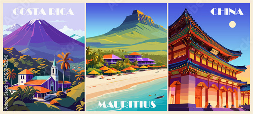 Set of Travel Destination Posters in retro style. Costa Rica, Mauritius, China landscape digital prints. Exotic summer vacation, holidays concept. Vintage vector colorful illustrations