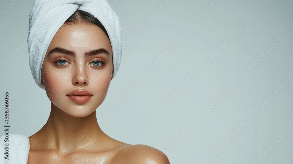 Beautiful young woman with clean skin and white towel posing on gray background Beautiful young woman with clean skin and white towel posing on gray background