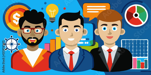 "Business Teamwork Vector Illustration – Corporate Professionals, Data Analysis & Innovation Concept"