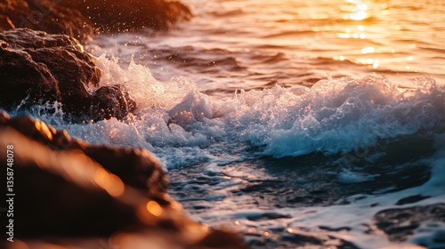 Ocean Waves Crashing on Rocky Shore at Sunset