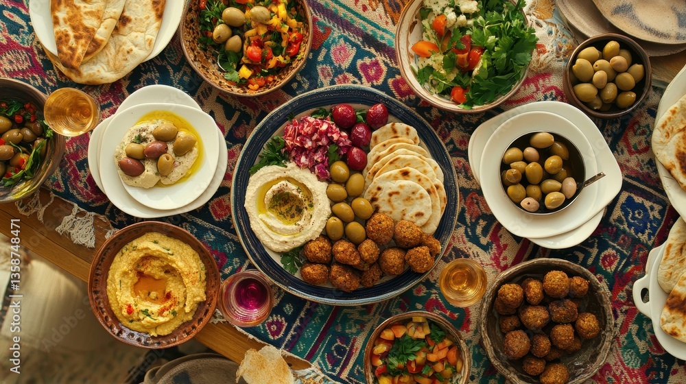 Fototapeta premium Overhead View of a Colorful Mediterranean Meal on an Ornate Table