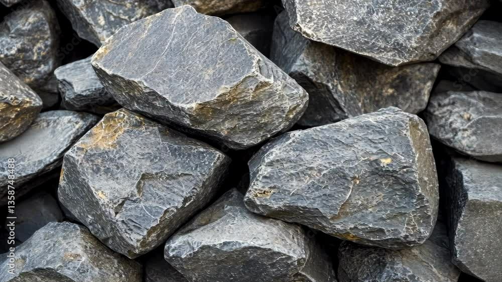Large collection of rugged black stones piled together in natural arrangement at a construction site during daylight hours Large collection of rugged black stones piled together in natural arrangement at a construction site during daylight hours