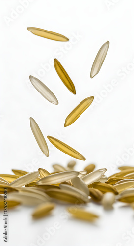 Falling Raw Rice Grains in Different Colors Over White Background
