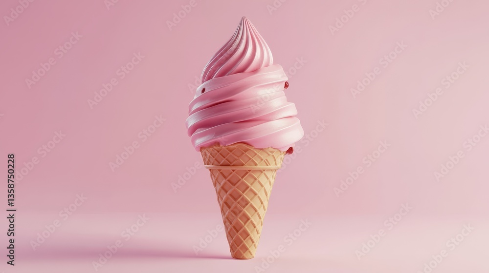 Pink Soft Serve Ice Cream Cone on Pink Background