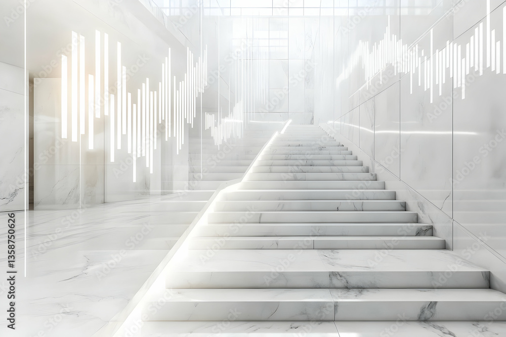 Fototapeta premium Bright white marble staircase leading upwards with graphic overlay of waves